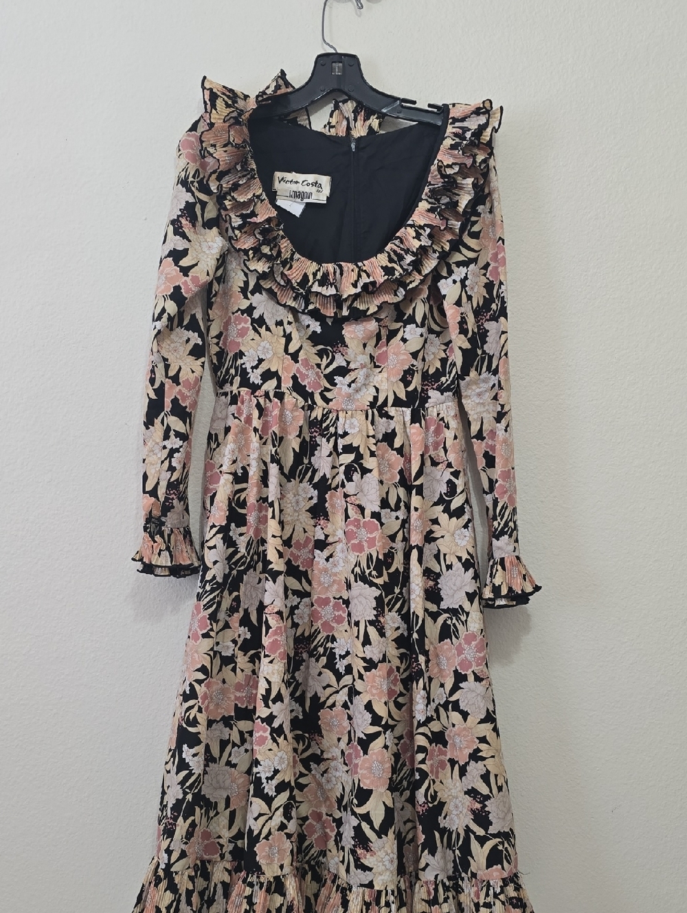 Victor Costa Black Floral Ruffle Maxi Dress with Pink & Cream Accents S